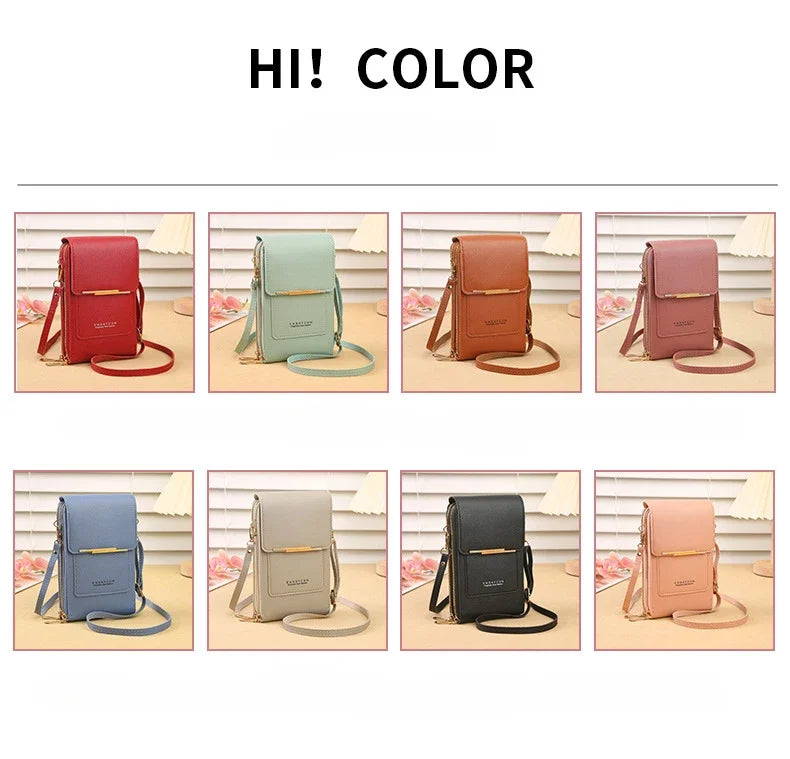 A collection of women's touch screen crossbody shoulder bags in various colors including red, mint green, brown, blue, black,