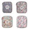 A light green crochet hook and sewing accessories storage bag with a floral pattern.