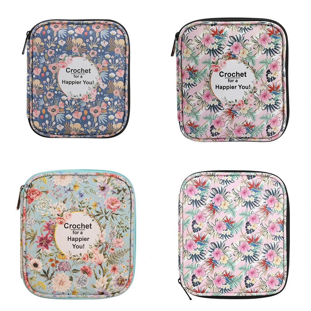 A light green crochet hook and sewing accessories storage bag with a floral pattern.