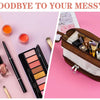 A brown PU leather travel cosmetic organizer bag filled with various makeup products like lipsticks and brushes.