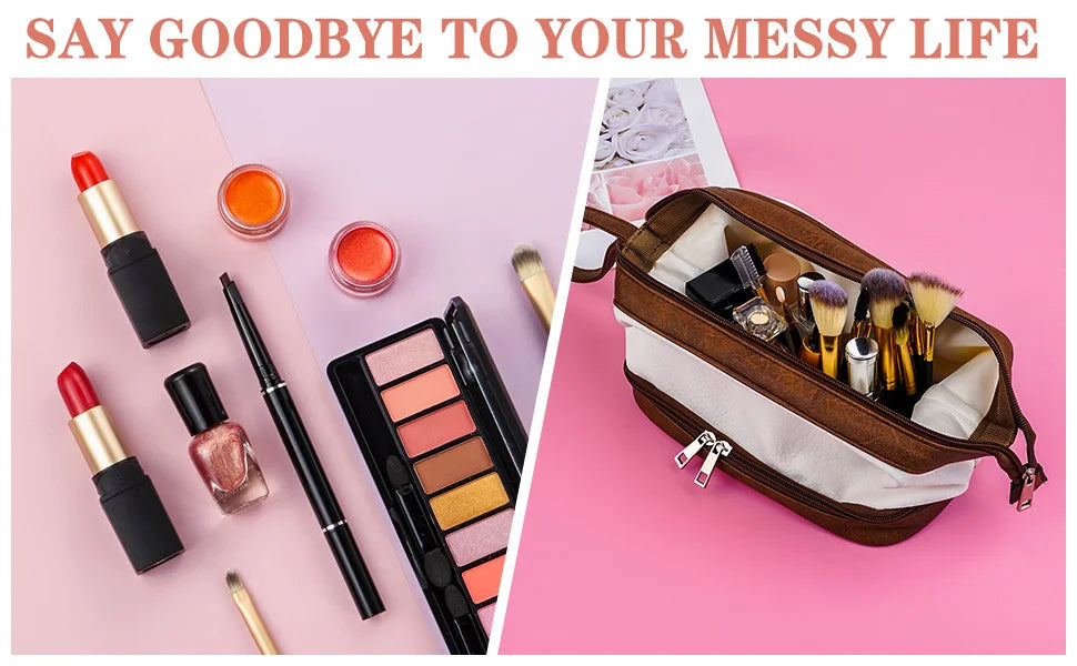 A brown PU leather travel cosmetic organizer bag filled with various makeup products like lipsticks and brushes.