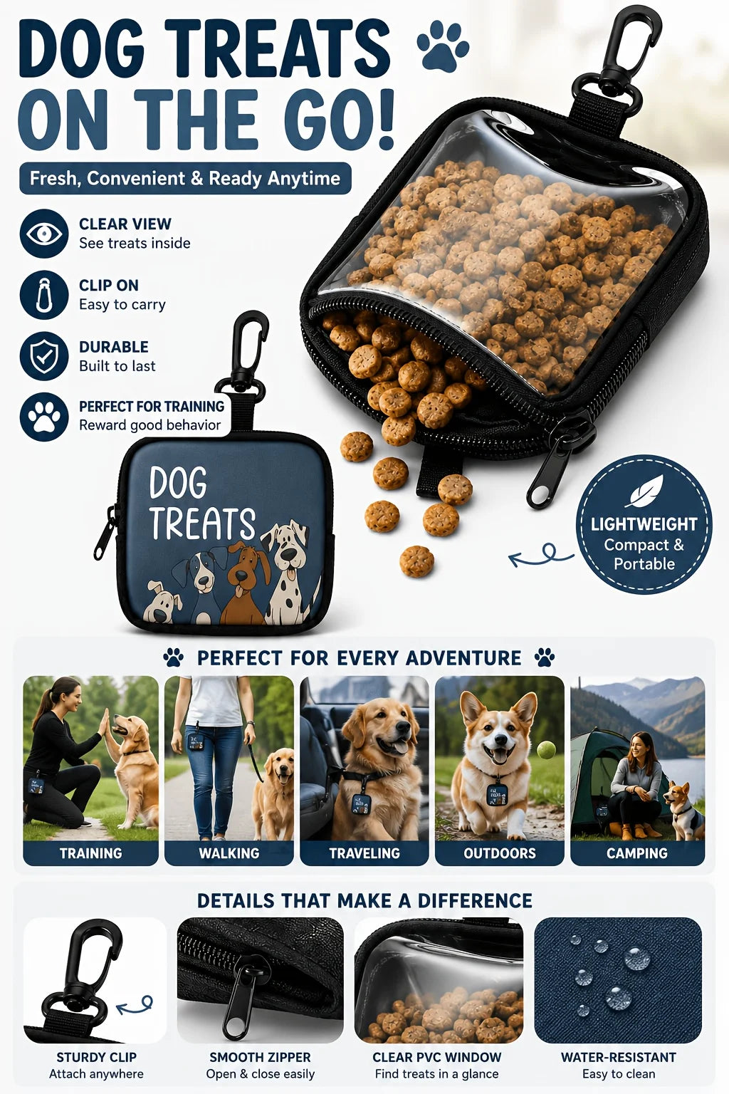 Black clip-on dog treats pouch with a clear window showing dog treats for training and outdoor use