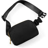Black waist bag or fanny pack with a zipper and adjustable strap.
