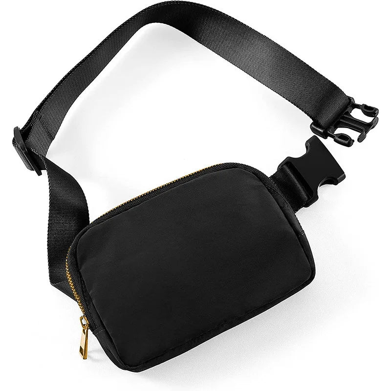 Black waist bag or fanny pack with a zipper and adjustable strap.