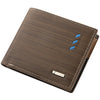 Brown leather men's stripe multi-function wallet with blue stitching and silver clasp