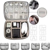 A leather cable storage organizer bag showing various compartments for organizing and storing cables and accessories.