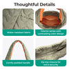 Close-up details of a quilted nylon shoulder bag showing water-resistant fabric, contrasting color design, padded handle, and