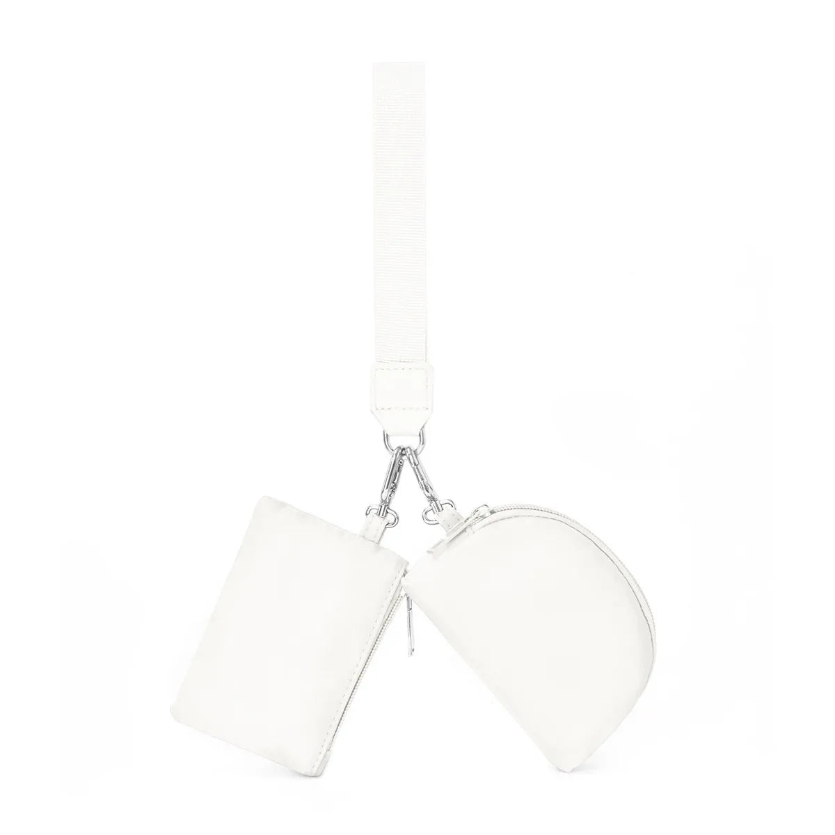 White compact wristlet wallet with a white strap and dual zip pockets