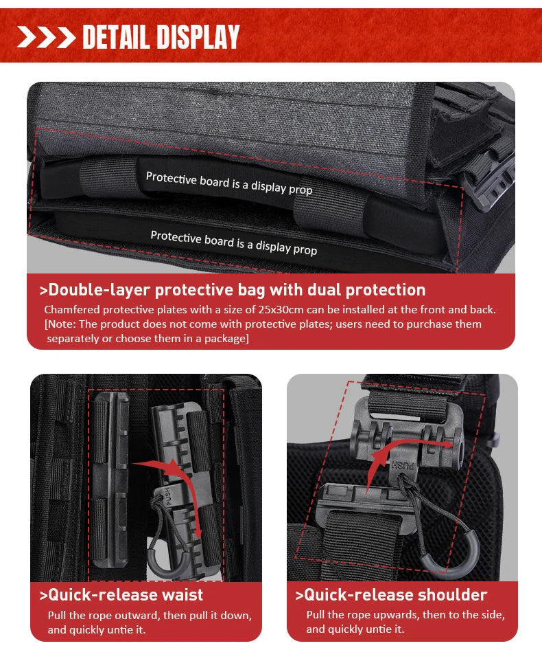 Detail display of a double-layer protective bag with dual chamfered plates and quick-release waist and shoulder features