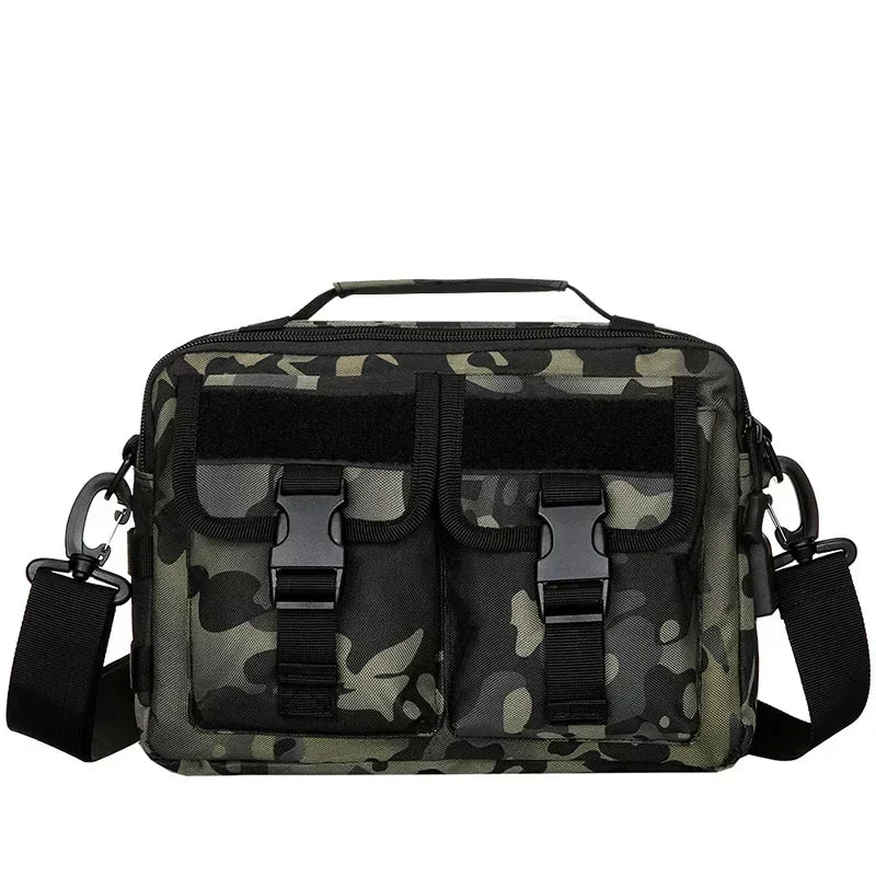 A tactical multifunction fanny pack in camouflage pattern with black accents.