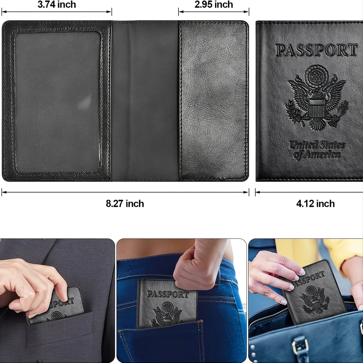 A black leather passport holder wallet shown next to a suit jacket and jeans.
