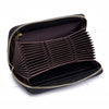 A dark brown genuine leather RFID women's travel wallet with a zipper closure, shown open.