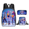 A black backpack featuring anime characters in vibrant colors and dynamic poses.