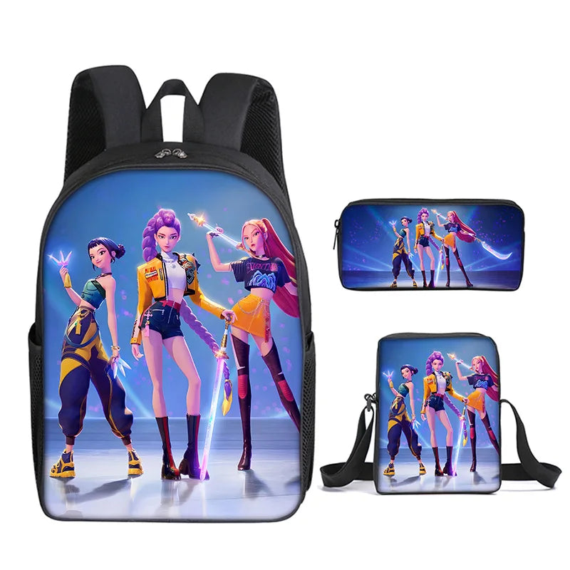 A black backpack featuring anime characters in vibrant colors and dynamic poses.