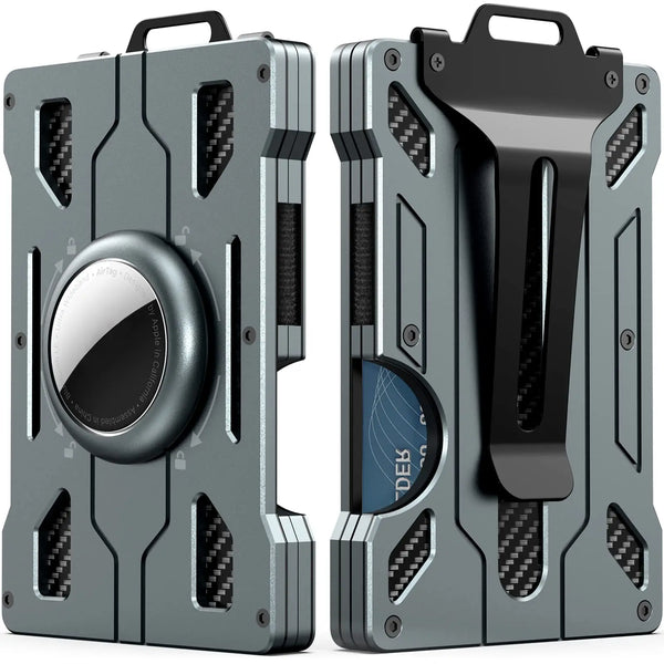A gray slim metal card holder designed for AirTag compatibility, shown from the front and back.