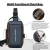 A dark blue multi functional chest bag with a black strap and anti theft password lock is shown.