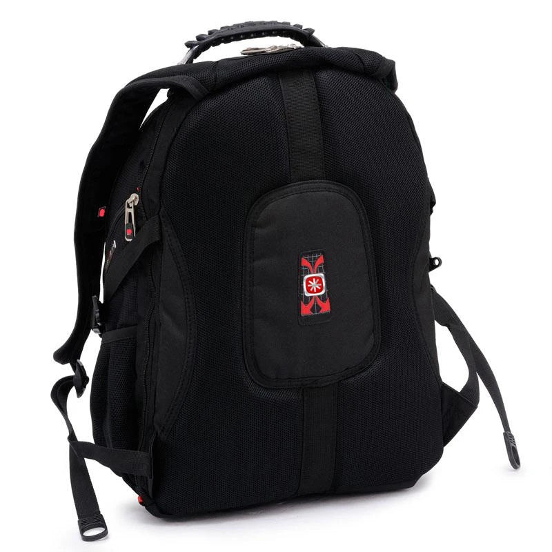 Mochila de viaje grande para hombre suiza negra, vista desde atrás.