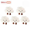 Five white cloud-shaped plush keychains and brooch pins