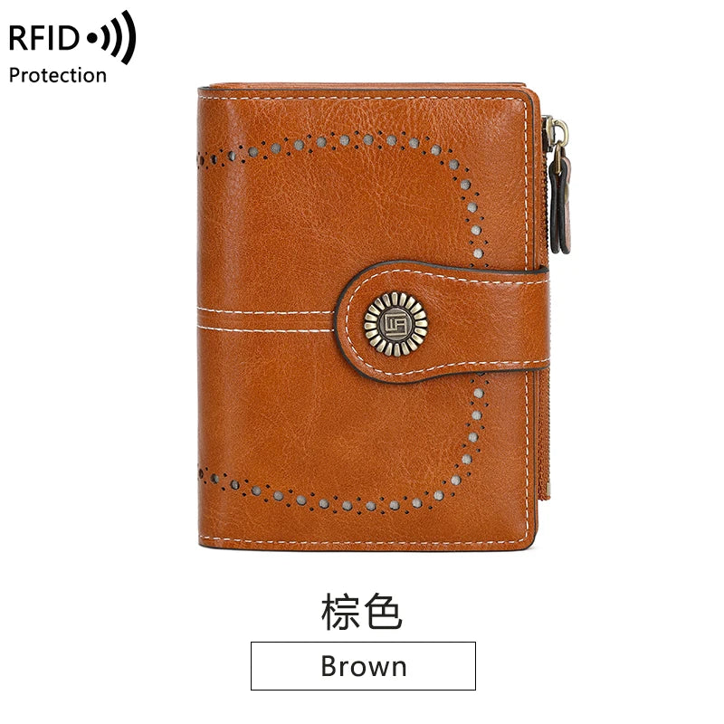 A brown leather multi-fold wallet with stitching and a metal logo, shown against a white background.