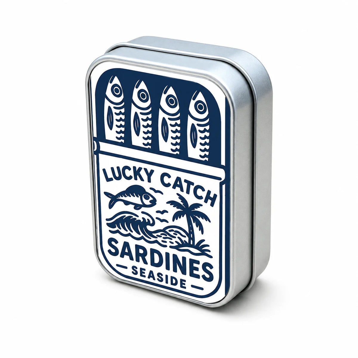 A silver metal box with a blue label featuring illustrations of fish and palm trees, labeled Lucky Catch Sardines Seaside.