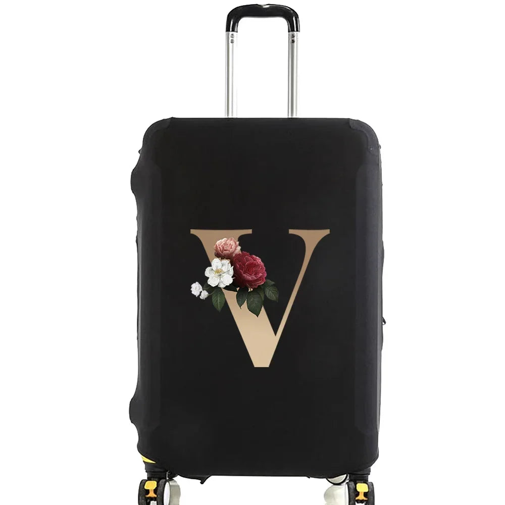 Black premium elastic luggage protective cover with a gold letter V design