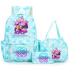 A light blue backpack set featuring a main backpack and a matching tote bag with purple and pink star designs.
