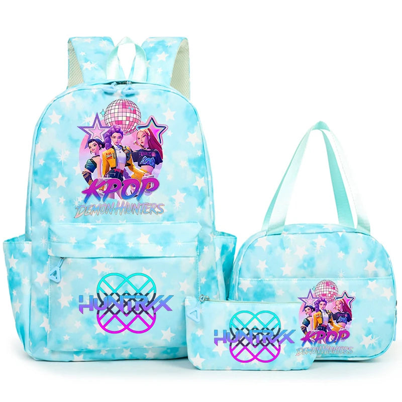 A light blue backpack set featuring a main backpack and a matching tote bag with purple and pink star designs.