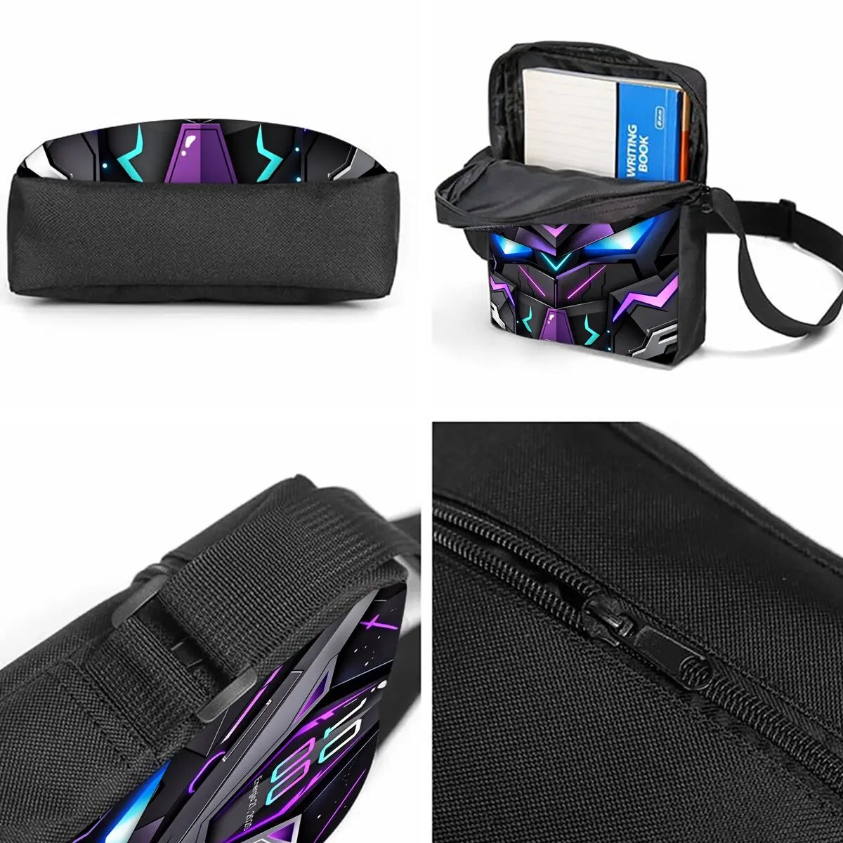 A set of three cartoon mechanical robot school backpacks in black and purple.