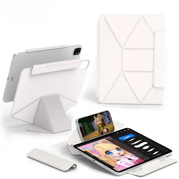 Coque magnétique et intelligente blanche pour iPad, avec composants et smartphone.