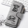 Cartera de cuero PU gris con silueta negra de cabeza de vaca y la palabra forever impresa.