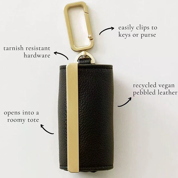 A black pebbled leather storage pouch with a gold-toned clip and hardware.