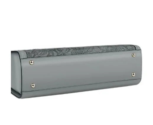 A gray vintage PU leather laptop tote bag with a decorative scarf detail.