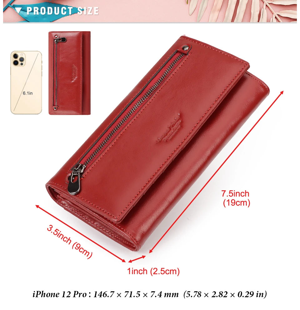 A red genuine leather women's wallet with a zippered compartment and phone pocket shown in a diagonal view.