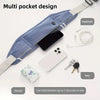 A blue multi pocket design waist pack shown with a headset, phone, and key.
