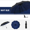 Navy blue heavy-duty windproof automatic umbrella shown open and closed.