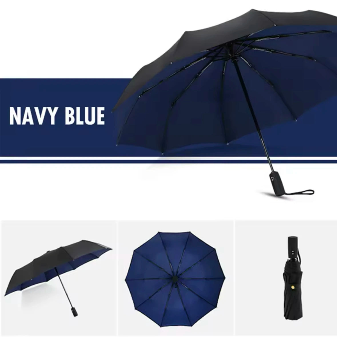 Navy blue heavy-duty windproof automatic umbrella shown open and closed.