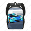 A black backpack featuring a graphic of a blue sports car with light blue accents.