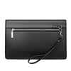 Black men's PU leather clutch bag with a silver zipper and black strap