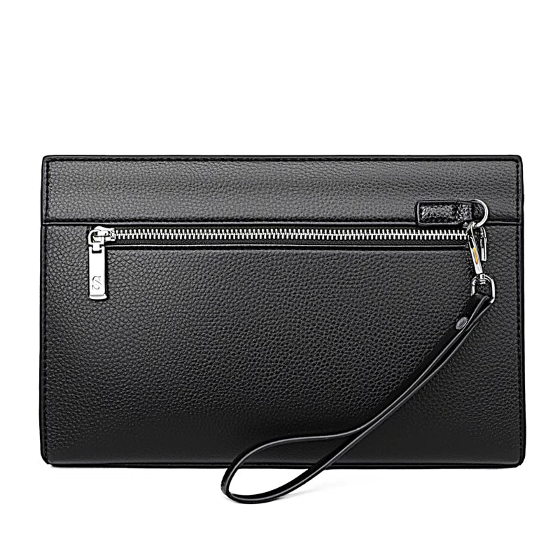 Black men's PU leather clutch bag with a silver zipper and black strap