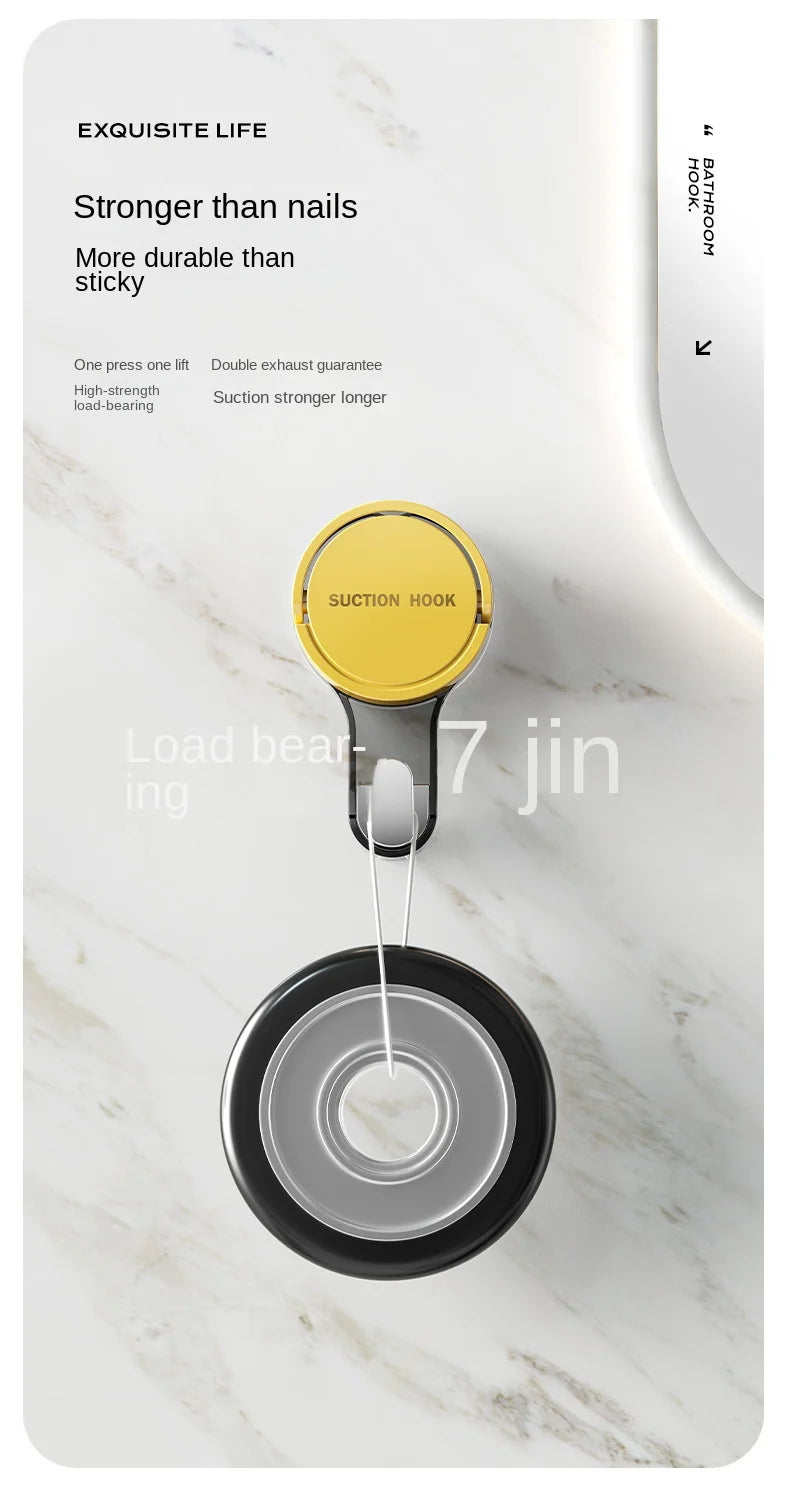 A yellow suction hook is shown attached to a black circular base, demonstrating its use for hanging items on smooth surfaces.