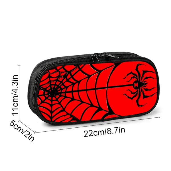 A red pencil case featuring a black spider web design on the exterior.