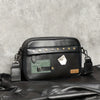 Black men's PU leather crossbody messenger bag with gold studs and a leather tag