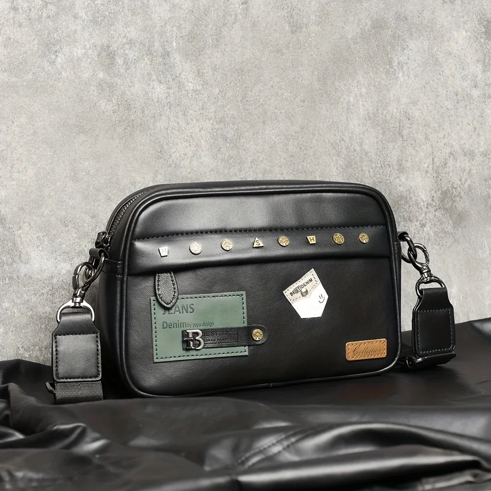 Black men's PU leather crossbody messenger bag with gold studs and a leather tag