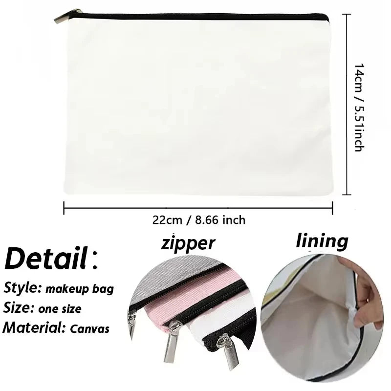 White canvas makeup bag with black zipper and lining shown flat and folded