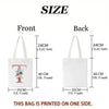 Front and back views of a white canvas tote bag featuring a cartoon print.