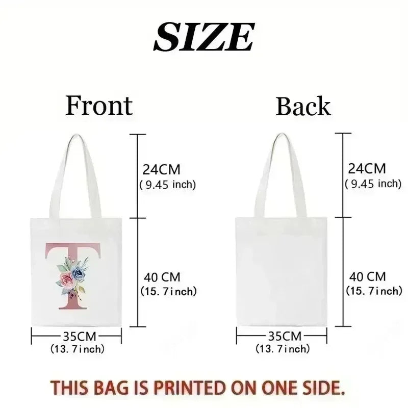 Front and back views of a white canvas tote bag featuring a cartoon print.