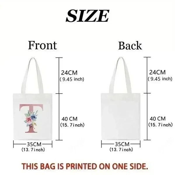 Front and back views of a white canvas tote bag featuring a cartoon print.