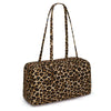 A leopard print nylon shoulder tote bag with long straps.