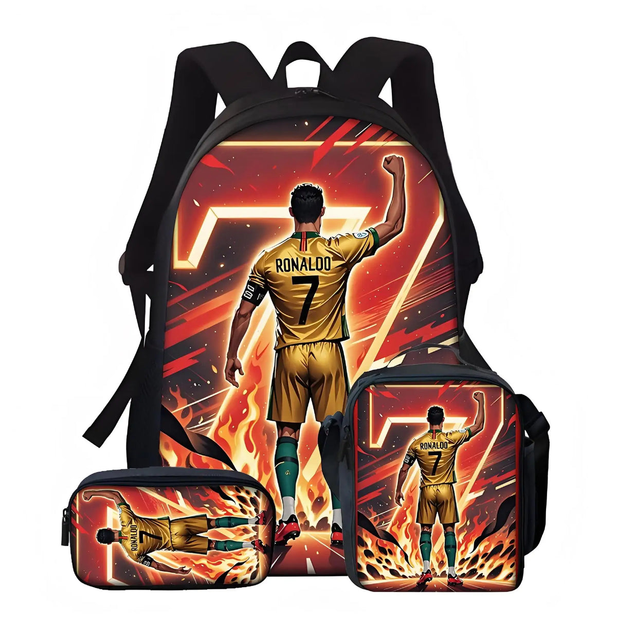 A black backpack and two matching lunch bags featuring a graphic of Cristiano Ronaldo in a football kit.
