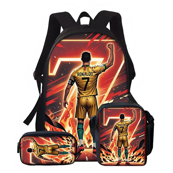Schwarzer Rucksack und zwei passende Lunchtaschen mit Grafik von Cristiano Ronaldo in Fußballtrikot.